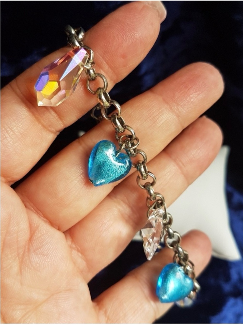 Swarovski Elements & Murano Glass Hearts Charm Chunky Chain Bracelet Handmade